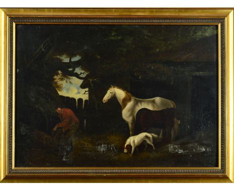 19TH CENTURY BRITISH SCHOOL, Grey mare and brown pony outside a stable with a sporting dog nearby, with groom topping up a tr