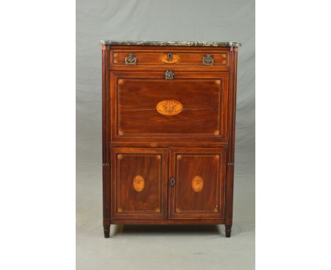 A 19TH CENTURY CONTINENTAL MAHOGANY, WALNUT AND INLAID SECRETAIRE ABATTANT, the black and grey marble top above a single long