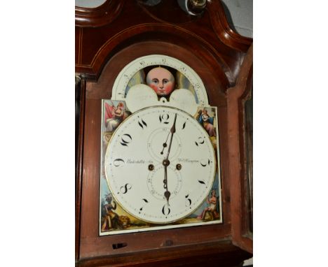 AN EARLY 19TH CENTURY MAHOGANY AND INLAID EIGHT DAY LONGCASE CLOCK, the hood with broken swan neck pediment with brass rounde