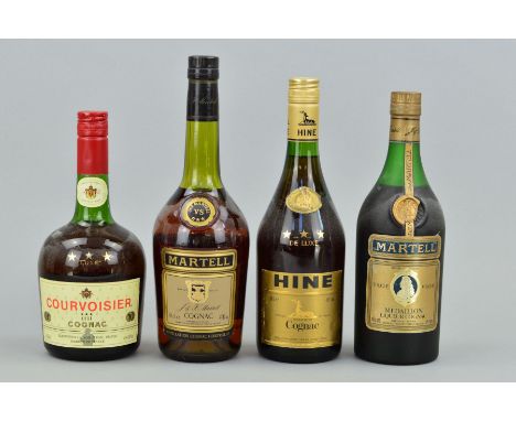 FOUR BOTTLES OF COGNAC, to include a bottle of Martell Medaillon Liqueur Cognac, 24fl ozs, fill lever upper shoulder, seal in