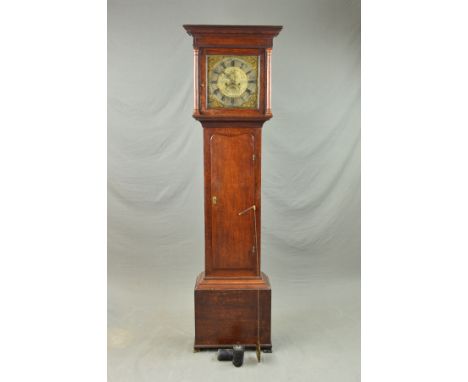 A LATE 18TH CENTURY OAK EIGHT DAY LONGCASE CLOCK, the moulded pediment on plain columns, the glazed doors enclosing a silvere