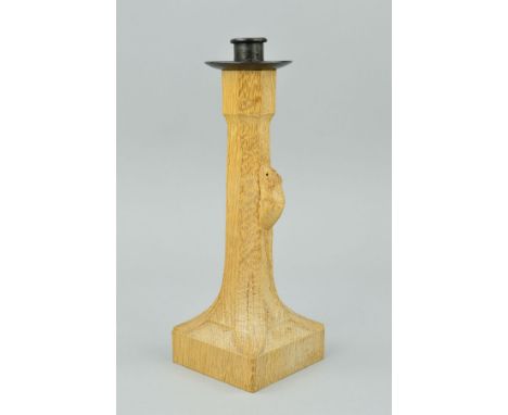 ROBERT 'MOUSEMAN' THOMPSON, a carved oak candlestick with a wrought iron sconce, workshop reference number G5070, height appr