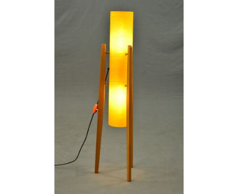 A 1960'S/1970'S TEAK FLOOR STANDING ROCKET LAMP, having cylindrical yellow spun fibreglass shade, height 94.5cm (very good co
