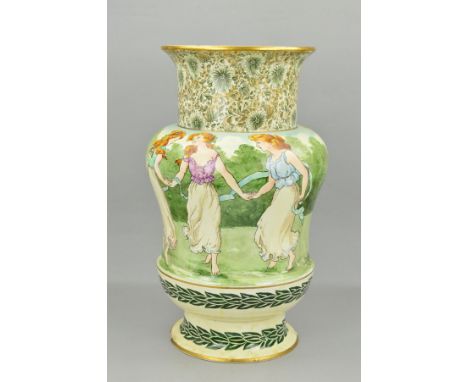 A ROYAL DOULTON FLOOR VASE OR STICK STAND, the neck printed with green and gilt foliate decoration, the main body painted wit