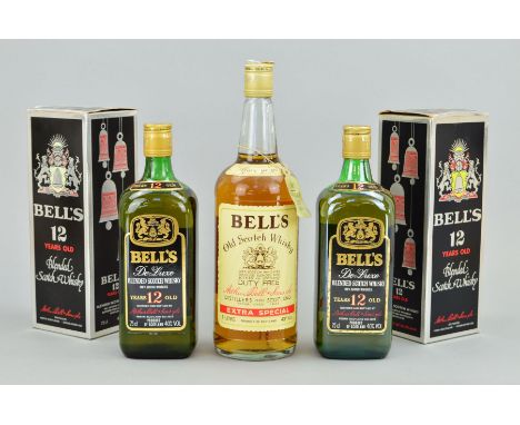 TWO BOTTLES OF BELL'S DE LUXE, aged 12 years, blended Scotch Whisky, 40% vol, 75cl, fill levels upper shoulder, boxed and a b