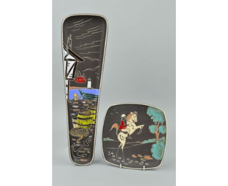 AWF OF NORWAY, two ceramic enamel painted wall plaques, depicting a Quayside and a rider on a horse, inscribed titles and pri