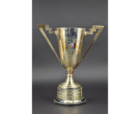 A GEORGE V SILVER CONICAL TWIN HANDLED TROPHY CUP, angular handles, presentation inscription 'Team Prize Hercules Roller Raci