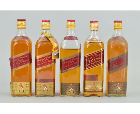 FIVE BOTTLES OF JOHNNIE WALKER RED LABEL SCOTCH WHISKY, to include bottles of imperial and metric measurements, fill levels v