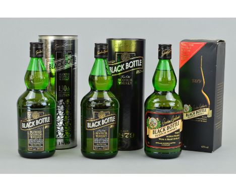 THREE BOTTLES OF GORDON GRAHAM'S 'BLACK BOTTLE' SCOTCH WHISKY, to include the 130th Anniversary Edition, 40% vol, 70cl, fill 