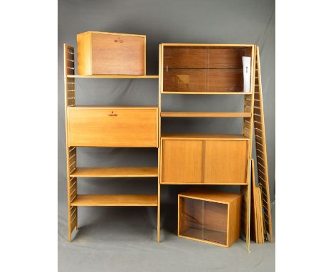 STAPLES LADDERAX TEAK THREE BAY ROOM DIVIDER SHELVING SYSTEM, comprising of four beech laddered uprights, two various width f