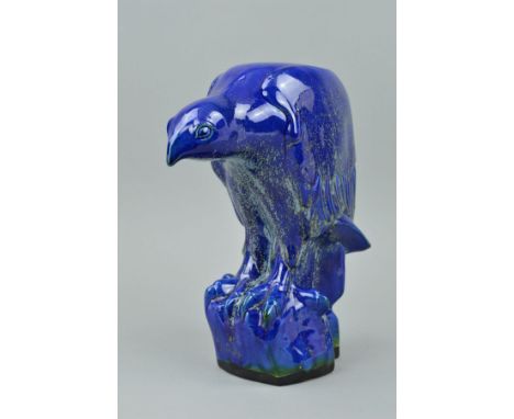 RYE POTTERY, a ceramic sculpture of a Bird of Prey by D.T. Sharp, covered in a blue and green glaze, signed to the base, heig