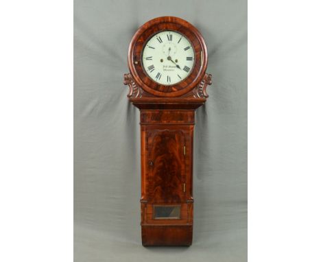 A VICTORIAN MAHOGANY EIGHT DAY LONGCASE WALL CLOCK, circular top and door enclosing a painted 30cm dial with Roman numerals a