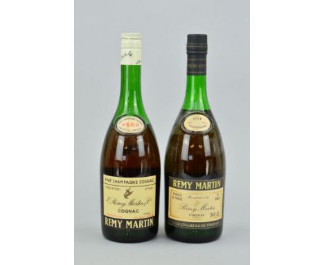 TWO BOTTLES OF REMY MARTIN COGNAC, 70% proof, 24fl ozs, one bottle is a 1960's/1970's bottling with The Fine Champagne Cognac