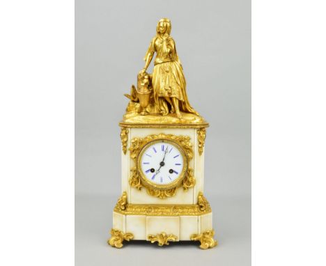 A MID 19TH CENTURY FRENCH GILT METAL AND WHITE MARBLE MANTEL CLOCK BY RAINGO FRERES OF PARIS, the surmount cast as a woman wi