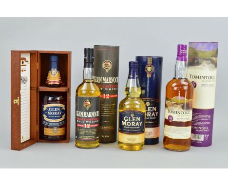 FOUR BOTTLES OF SINGLE MALT, to include a bottle of Glen Moray Single Speyside Malt Scotch Whisky, 40% vol, 70cl, fill level 