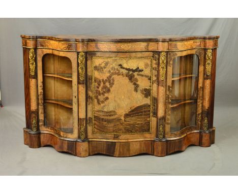 A VICTORIAN WALNUT, WALNUT STAINED, INLAID AND BRASS MOUNTED CREDENZA, the serpentine front with foliate inlaid frieze above 