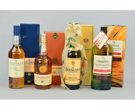FOUR BOTTLES OF SINGLE MALT, to include a bottle of Glenkinchie 'The Edinburgh Malt' Lowland Scotch Whisky, aged 10 years, 43