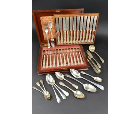 A PARCEL OF LATE 18TH AND 19TH CENTURY FLATWARE, including a George III Fiddle and Thread pattern sauce ladle, engraved crest