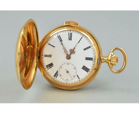 AN 18CT GOLD FULL HUNTER QUARTER REPEATING POCKET WATCH, enamel 4cm dial with Roman numerals, seconds dial marked to dust cov