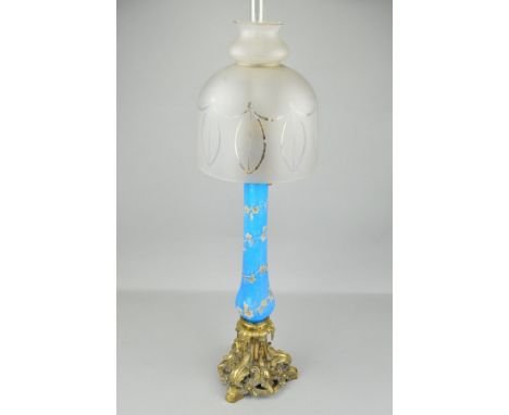 A VICTORIAN PALMER & CO PATENT OIL LAMP, frosted glass domed shade with etched to clear leaf and swag designs, narrow glass c