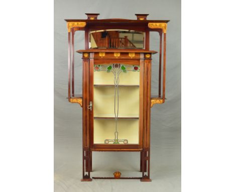 AN EARLY 20TH CENTURY MAHOGANY AND INLAID ARTS &amp; CRAFTS DISPLAY CABINET, rectangular top above an arched bevel edged mirr