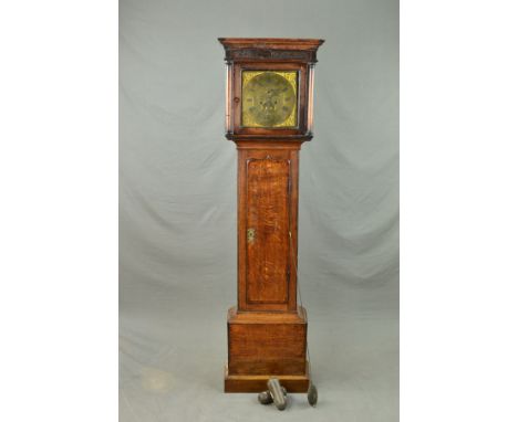 A GEORGE III OAK AND MAHOGANY BANDED EIGHT DAY LONGCASE CLOCK, the hood with moulded pediment above blind fret work cornice, 