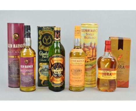FOUR BOTTLES OF SINGLE MALT, to include a bottle of Glenfiddich Pure Malt Scotch Whisky, 40% vol, 75cl, boxed, a bottle of Gl