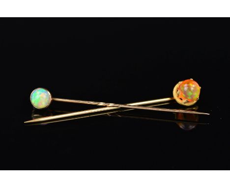 TWO OPAL STICKPINS, the first claw set with a spherical fire jelly opal, the second collet set with an opal cabochon, lengths