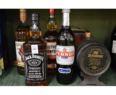 Jack Daniels 1 litre, Captain Morgan 1 litre, Southern Comfort 1 litre, 1 bottle Pernod and Old Saint Andrews Millennium 10 y