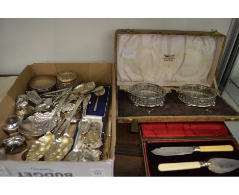Various silver flatware and condiments and other collectables together with a cased set of butter dishes with silver frames.