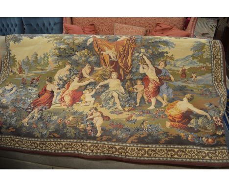 A classical style machine made tapestry wall hanging depicting harvesting scene 210cm x 140cm.