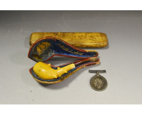 World War 1917 - 1918 medal, awarded to 18994 Pte A Moss, Notts and Derby;  a meerschaum pipe, cased;  a cut throat razor \(3