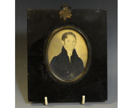 English School (19th century), a portrait miniature, of a gentleman, watercolour, oval, ebonised frame