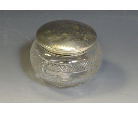 A George V silver mounted cut glass dressing table jar, engine turned cover, Birmingham 1926