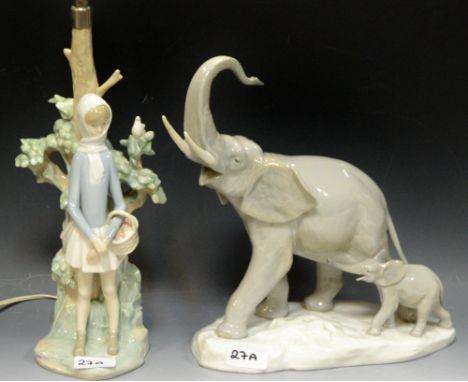 A LLadro lamp of a young girl with basket of apples; a LLadro elephant model (2)