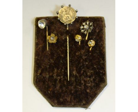 A Victorian stick pin, mounted with an 1840 groat; others (6)