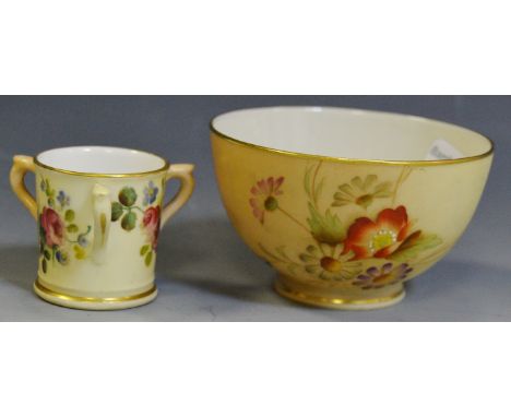 A Royal Worcester blush ivory miniature tyg, date code for 1903; a small bowl, similar (2)