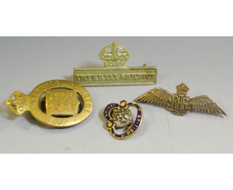 A silver RAF sweetheart brooch; a World War I brass badge, On War Service 1915; another, Imperial Service; an enamel badge, B