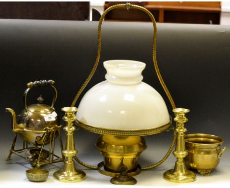 Brassware - a pair of 19th century ejector candlesticks; a Victorian spirit kettle on stand, original burner; an Edwardian ce
