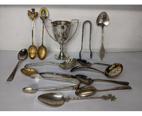 Mixed silver and white metal to include a small engraved trophy, sifter spoon and other items, 221.9gLocation: 