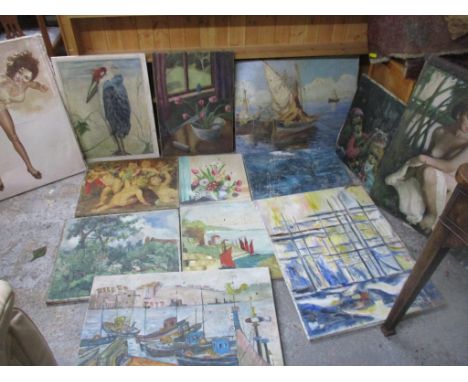 A mixed lot of mainly unframed oil paintings to include a harbour scene of fishing boats and their masts signed R Verger, ano