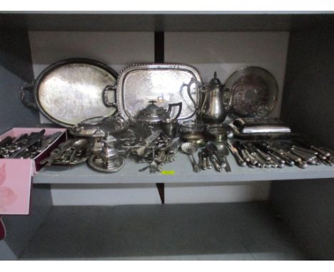 Silver plate to include trays, entrée dish, cutlery and flatware and other itemsLocation: 