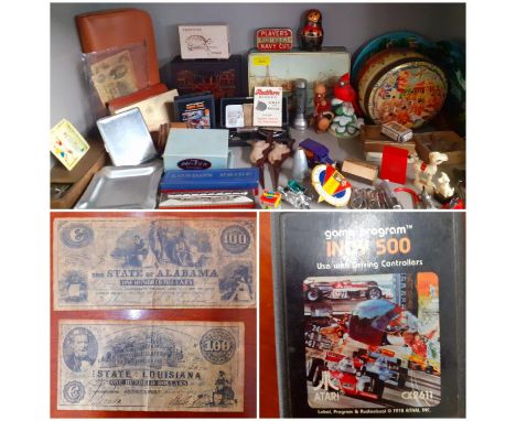 A mixed vintage lot of interest to include an enamelled Spanish Calella Costa Dorada, an Atari 'Indy 500' game, two reproduct