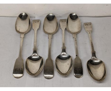 A set of six Victorian silver fiddle pattern teaspoons, hallmarked London 1846, 102.7gLocation: 