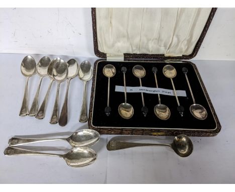 A cased set of six coffee bean spoons, 37.8g, together with a collection of silver teaspoons, 110.3gLocation: 