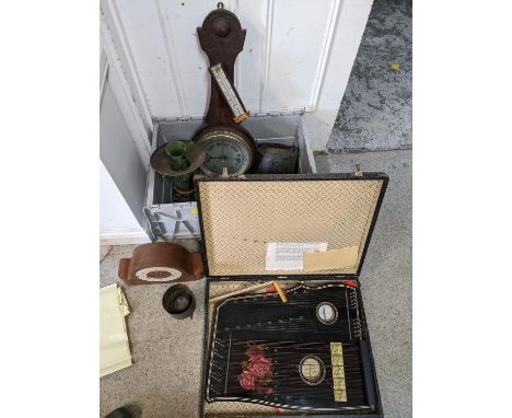A mixed lot to include a brass preserve pan, a barometer, a glue pot, a German harp and a lampLocation: 