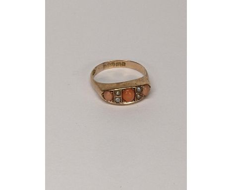 A 9ct gold ladies ring with seed pearls, coral 2.2gLocation: 