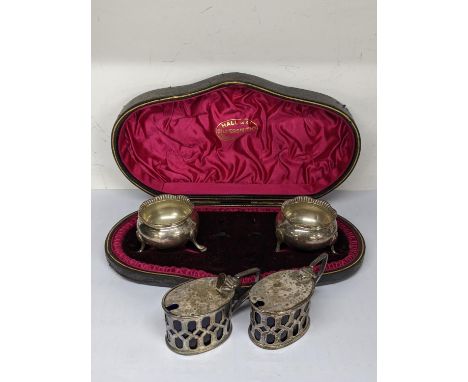 A group of Victorian silver condiments to include boxed silver salts, London 1895 together with a pair of mustard pots A/F Ch