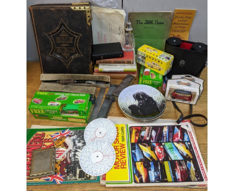 A mixed lot to include binoculars, bible, printing books, silver brush and other items Location: 