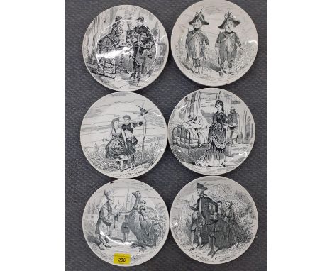 A group of six Creil and Montereau black and white signed French Faience plates, illustrating Opera Bouffe, Paris Assiege sce